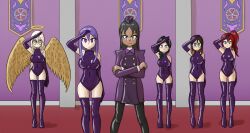  blonde_hair brown_hair character_request cosmicaurora female_only femdom femsub glasses green_eyes halo heterochromia leotard long_hair mythkaz opera_gloves original purple_eyes purple_hair red_hair tagme tan_skin thigh_boots thighhighs wings yellow_eyes 