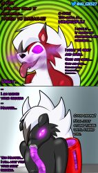 absurdres al_gx bodysuit bondage corruption drone furry glowing glowing_eyes happy_trance hypnotic_accessory hypnotic_gas latex lycanroc lycanroc_(midnight) maledom malesub mask nintendo open_mouth pokemon rubber smile text tongue tongue_out yaoi