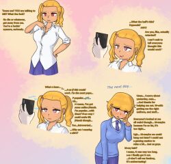 blonde_hair breasts debimbofication dialogue femboy femsub majestichentaisenpai masculinization purification red_eyes school_uniform shy spiral_eyes symbol_in_eyes text