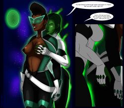 absurdres black_hair breast_grab breasts comic dc_comics dialogue erect_nipples female_only femdom femsub glowing glowing_eyes green_eyes green_hair green_lantern_(series) green_skin happy_trance jade_(dc_comics) jo_mullein large_breasts megaguardain open_clothes open_mouth short_hair spiral_eyes super_hero symbol_in_eyes text undressing western yuri