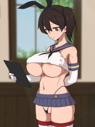 absurdres altered_common_sense artist_request ass bare_shoulders breasts brown_eyes brown_hair cleavage collarbone erect_nipples expressionless female_only gloves huge_breasts kaga_(kantai_collection) kantai_collection miniskirt open_mouth short_hair skirt solo standing thick_thighs thighhighs thong 