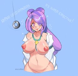  blush breasts coin dazed drool erocoffee female_only femsub happy_trance hypno large_breasts long_hair miriam_(pokemon) necklace nintendo open_clothes pendulum pokemon pokemon_scarlet_and_violet purple_hair ring_eyes standing text undressing 