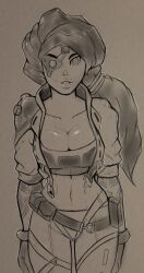  greyscale happy_trance league_of_legends long_hair midriff muscle_girl reliusmax samira spiral_eyes standing standing_at_attention symbol_in_eyes tattoo 