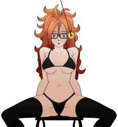  absurdres android_21 blue_eyes coin dead_source dragon_ball dragon_ball_fighterz empty_eyes expressionless femsub glasses jimryu long_hair open_mouth pendulum red_hair thighhighs transparent_background underwear 
