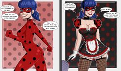  apron ass before_and_after black_hair blue_eyes breasts cleavage collarbone comic dialogue earrings female_only femsub fishnets forced_employee gloves happy_trance jewelry large_breasts lipstick maid makeup marinette_dupain-cheng mask miraculous_ladybug polmanning short_hair smile stepfordization super_hero text twintails 