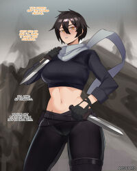  abscord absurdres bangs black_hair breasts character_request clothed dialogue english_text female_only gloves hourglass_figure knife large_breasts large_hips legs looking_at_viewer midriff navel ninja orange_eyes original pants pov scarf short_hair signature text thick_thighs thighs tight_clothing tomboy watermark weapon yellow_eyes 