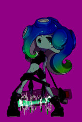  blue_hair boots dronification drool expressionless female_only femsub fingerless_gloves green_hair hair_covering_one_eye midriff nintendo octoling octoling_girl open_mouth sanitized_(splatoon) sanitized_ink sheep_pict short_shorts simple_background solo splatoon splatoon_2 tears tentacles text 