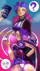 dress female_only femdom finger_snap hypnotized_hypnotist keito_(tokei-chan) latex original pink_eyes purple_hair simple_background spiral_background text tokei-chan turning_the_tables