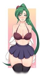  5-ish blush bra breasts cleavage female_only femsub fire_emblem fire_emblem_the_blazing_blade green_eyes green_hair happy_trance heart heart_eyes large_breasts long_hair looking_at_viewer lyndis midriff nintendo open_clothes ponytail skirt solo standing symbol_in_eyes thighhighs underwear undressing 
