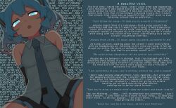  abmayo absurdres aqua_eyes bangs bare_shoulders black_skirt blue_background blue_eyes blue_hair blush breasts caption english_text eyebrows_visible_through_hair female_only femdom light_skin long_hair manip mantra miku_hatsune open_mouth pov_sub short_skirt skirt solo spiraleditor_(manipper) tie twintails vocaloid 