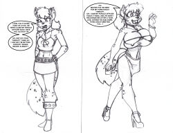 absurdres before_and_after bimbofication breast_expansion breasts cat_girl crazycowproductions femdom femsub furry greyscale happy_trance huge_breasts large_breasts maledom monochrome open_mouth original smile snow_leopard_girl text traditional