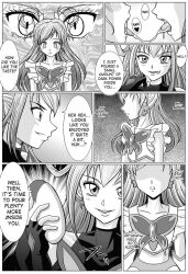  breast_expansion breasts comic corruption cure_dream dark_dream_(precure) femdom femsub greyscale happy_trance nozomi_yumehara precure red_hair right_to_left spit_trail suit text yes!_precure_5 