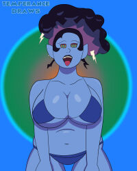  bikini blue_hair blue_skin breasts fat happy_trance huge_breasts monster_prom ring_eyes smile susanne temperancedraws tongue tongue_out 