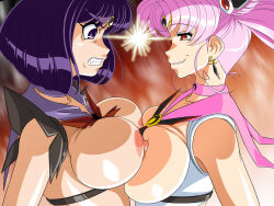 alternate_costume angry breasts choker corruption earrings evil_smile glamour_works hair_buns jewelry large_breasts pink_hair purple_eyes purple_hair red_eyes sailor_mini_moon sailor_moon_(series) sailor_saturn smile topless twintails