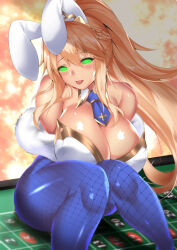  artoria_pendragon artoria_pendragon_(lancer) blonde_hair blush breasts bunny_ears bunnysuit circussion cleavage fake_animal_ears fate/grand_order fate_(series) female_only femsub fishnets glowing glowing_eyes huge_breasts knees_together long_hair looking_at_viewer manip misterman4_(manipper) saber sitting solo spiral_eyes symbol_in_eyes thighhighs tongue tongue_out 
