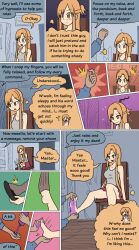 asuna aware bare_shoulders barefoot blush breasts clothed comic dialogue empty_eyes english_text faceless_male feet femsub foot_massage happy_trance long_hair maledom mythkaz orange_eyes pendulum shorts sitting speech_bubble sword_art_online tank_top text therapist thought_bubble traditional_hypnosis undressing wholesome