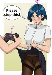  absurdres antenna aware blue_hair blush body_control breasts clefla dialogue femsub game_controller green_eyes large_breasts open_mouth original panties pantyhose short_hair skirt skirt_lift standing tech_control text 