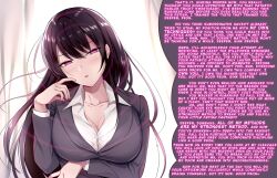 black_hair breasts business_suit caption character_request cleavage dopikasu-chan fancyaddiction_(manipper) female_only femdom hypnotic_eyes large_breasts manip milf office_lady original pink_eyes pov pov_sub purple_eyes text turning_the_tables