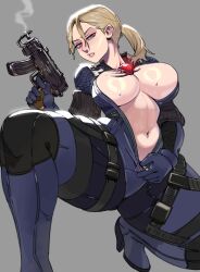  bojinko cleavage female_only femsub grey_background gun huge_breasts jill_valentine looking_at_viewer midriff navel p30 resident_evil resident_evil_5 simple_background solo tagme zipper 