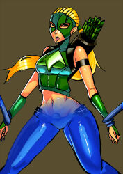 artemis blonde_hair bodysuit corruption dc_comics femsub latex long_hair midriff open_mouth ponytail super_hero tentacles tongue tongue_out young_justice zxc