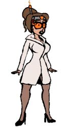  antenna bare_legs brown_hair dazed elizabeth_betty_veronica female_only glasses high_heels hypnotic_accessory hypnotic_screen lab_coat large_breasts light_skin rampage sasirre short_hair simple_background single_hair_bun spiral standing tech_control transparent_background 