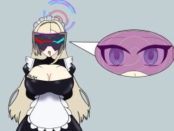  apron arms_behind_back asuna_(blue_archive) blonde_hair blue_archive cleavage cleavage_cutout collarbone drool empty_eyes expressionless female_only femsub large_breasts latex maid maid_headdress open_mouth simple_background slimy_saber solo spiral standing tagme tattoo tech_control very_long_hair visor 