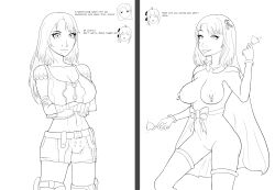 before_and_after bottomless breasts cape christmas clothed clothed_exposure consensual drunkle_jack female_only femdom femsub fiora_(xenoblade) greyscale happy_trance heart heart_eyes large_breasts long_hair mistletoe monochrome nintendo nipple_piercing nude piercing pussy ribbon sharla_(xenoblade) smile symbol_in_eyes text thighhighs topless xenoblade_chronicles xenoblade_chronicles_1