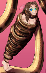 aerith_gainsborough bare_shoulders barefoot braid brown_hair coil_loop_walk coils feet female_only femsub final_fantasy final_fantasy_vii g-lahndi happy_trance kaa_eyes large_breasts leaning_forward long_hair nude pink_background restrained simple_background smile solo standing topless