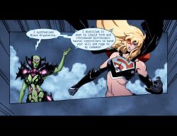  alternate_costume blonde_hair brainiac breasts cape comic corruption dc_comics female_only femdom gloves green_skin large_breasts long_hair official open_mouth randy_mayor santi_casas super_hero supergirl superman_(series) tech_control text western 