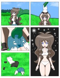  blue_eyes brown_hair comic curly_hair empty_eyes expressionless female_only femsub hilda long_hair megatronman nintendo open_mouth pokemon pokemon_black_and_white serperior short_shorts standing standing_at_attention tank_top underwear undressing very_long_hair 