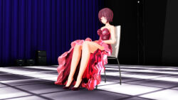  3d bare_legs biliocho breasts brown_hair chair cleavage closed_eyes dress expressionless female_only femsub high_heels large_breasts legs meiko_sakine stage_hypnosis vocaloid 