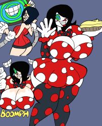  absurdres breasts clown dress femsub gloves hair_covering_one_eye happy_trance hypnotic_screen large_breasts large_hips lordebonfuze makeup ring_eyes robot smile tears thighhighs white_skin 