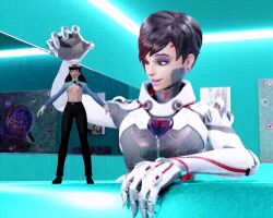  3d animated animated_gif black_hair breasts brown_hair clothed d.va dazed earrings female_only femdom femsub glowing jewelry large_breasts long_hair multiple_girls open_mouth overwatch red_hair short_hair smile sombra_(overwatch) tech_control text vynil 