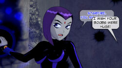 aware clothed dc_comics dialogue dogdog english_text goth grey_skin magic purple_eyes purple_hair raven text