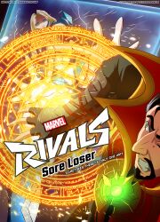  absurdres beard blonde_hair blue_eyes blue_lipstick cloverdraw04 cover doctor_strange emma_frost english_text glowing green_eyes lipstick magic makeup marvel_comics marvel_rivals possessionhub tagme text x-men 