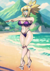  absurdres bare_legs beach bikini blonde_hair blue_eyes breasts cleavage collarbone dr._stone empty_eyes expressionless female_only femsub glowing_eyes hair_ornament high_heels kohaku_(dr._stone) large_breasts navel outdoors ponytail sandals solo standing zombie_walk zorro-zero 