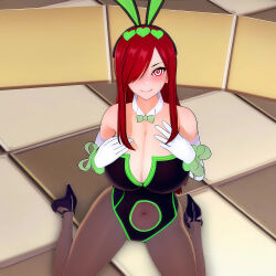  3d bow_tie breasts bunny_ears bunny_girl bunnysuit cleavage erza_scarlet fairy_tail fake_animal_ears female_only femsub gloves hair_covering_one_eye hair_ornament happy_trance high_heels huge_breasts kneeling large_breasts long_hair looking_at_viewer opera_gloves pantyhose red_eyes smile solo soundofcontrol spiralwash_eyes story 