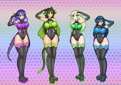  alicia_(aliciapendragon) au_ra batt_(ssbatt) bodysuit caifina_(caifina-rosewood) cat_boy cat_ears color drone elf empty_eyes female_only femsub final_fantasy final_fantasy_xiv gradient_background happy_trance high_heels large_breasts latex leggings leotard luna_sapphirestar_(lunabunnylili) multiple_girls multiple_subs opera_gloves original saluting simple_background sleepy_kai smile standing_at_attention tail 