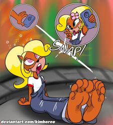  absurdres bandicoot_girl barefoot blonde_hair breasts cell_phone coco_bandicoot crash_bandicoot_(series) dazed drool feet female_only femsub foot_focus furry huge_feet hypnotic_app kimberco long_hair open_mouth phone ponytail small_breasts solo spiral_eyes symbol_in_eyes tech_control text tongue tongue_out western 