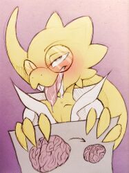 ahegao alphys_(undertale) blush brain brain_drain breasts cleavage cum cum_in_mouth dazed drool empty_eyes eye_roll female_only femsub furry glasses happy_trance lab_coat napdust open_mouth smile tail tongue tongue_out traditional undertale yellow_skin
