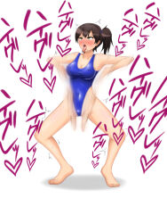 ahegao blush brown_hair drool erect_nipples female_only femsub haigure kaga_(kantai_collection) kantai_collection leotard open_mouth ponytail see-through simple_background solo spread_legs tears text tongue tongue_out