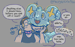 blush bodysuit brown_hair closed_eyes collar cosplay dog_girl dressing drool female_only femdom femsub freckles hand_on_another&#039;s_cheek happy_trance kissing meltyautumn open_mouth original pet_play pokemon ponytail rubber shinx shirt short_hair solo text tight_clothing transfem transgender_identity yuri