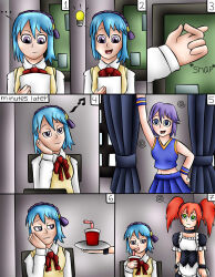 blue_hair cheerleader comic empty_eyes femdom femsub happy_trance jerrydestrtoyer kokoa_shuzen kurumu_kurono maid mizore_shirayuki multiple_girls pendulum purple_hair red_hair rosario+vampire
