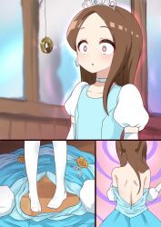  alternate_costume breasts brown_hair clothed comic complex_background crown dress earrings hair_ornament kohsuke_krsk light_skin loli long_hair nude open_mouth pendulum princess red_hair shoes shrunken_irises skilled_teaser_takagi-san skirt small_breasts socks spiral_background spiral_eyes symbol_in_eyes takagi-san undressing undressing_command zipper 