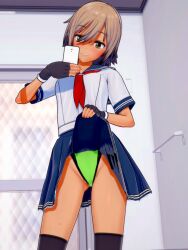 3d brown_hair femsub haigure_ayami haigure_ayami_(artist) happy_trance leotard original school_uniform