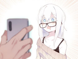  asutora asutora-chan bangs blue_eyes blush breasts cell_phone cleavage drool empty_eyes expressionless femsub glasses hypnotic_app long_hair maledom mole open_mouth original phone simple_background sweater tech_control white_hair 