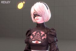  3d animated animated_gif blindfold blue_eyes breasts cleavage clothed dazed dress eye_roll female_only femsub happy_trance large_breasts nier nier_automata open_mouth pendulum poser resisting ridley_(artist) short_hair skirt small_breasts smile source_filmmaker text weak_resistance white_hair yorha_no._2_type_b 