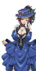  blue_eyes cleavage clothed code_geass dead_source dress eye_color_change female_only femdom femsub geass happy_trance hat iwao kallen_stadtfeld large_breasts marianne_vi_britannia open_mouth possession red_hair red_sclera short_hair simple_background smile white_background 