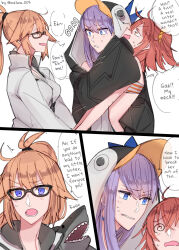  absurdres ahoge angry blonde_hair blue_eyes blush breasts choker clothed comic dialogue embarrassed english_text eyebrows_visible_through_hair fate/extra_ccc fate/grand_order fate_(series) female_only femdom femsub glasses hard_translated holding_hands jacket jeanne_d&#039;arc_(fate) long_hair mellow_003 meltryllis multiple_girls open_mouth orange_eyes ponytail purple_hair red_hair reece_xp restrained ritsuka_fujimaru_(female) short_hair side_ponytail signature smile spiralwash_eyes surprised sweat swimsuit text translated very_long_hair yuri 