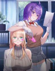 ahoge bangs blonde_hair breasts clothed complex_background empty_eyes expressionless female_only femdom femsub glasses gloves glowing green_eyes heart hypnotic_magic hypnotic_object hypnotized_hypnotist large_breasts long_hair magic masa2_i multiple_girls multiple_subs original purple_eyes purple_hair ribbon ring_eyes school_uniform short_hair skirt smile sweater thighhighs uniform